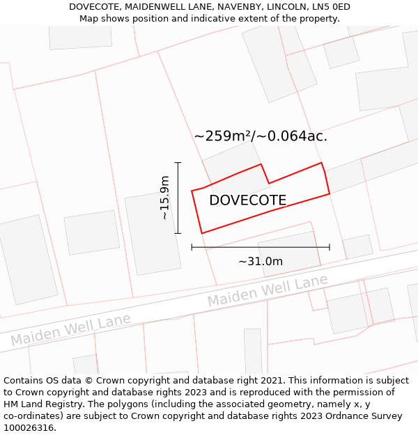 DOVECOTE, MAIDENWELL LANE, NAVENBY, LINCOLN, LN5 0ED: Plot and title map