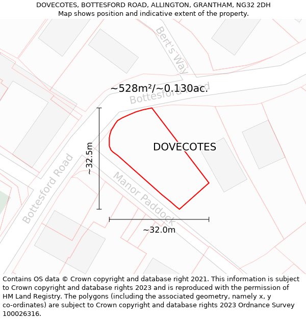 DOVECOTES, BOTTESFORD ROAD, ALLINGTON, GRANTHAM, NG32 2DH: Plot and title map