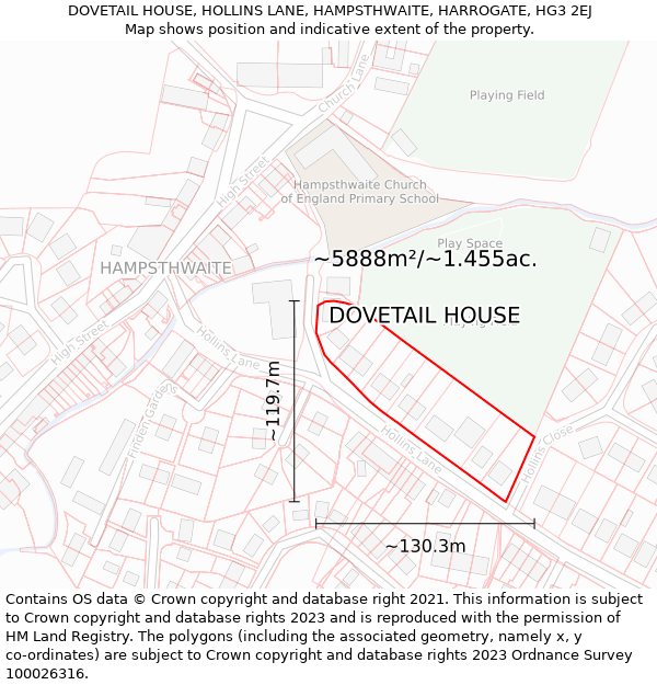 DOVETAIL HOUSE, HOLLINS LANE, HAMPSTHWAITE, HARROGATE, HG3 2EJ: Plot and title map