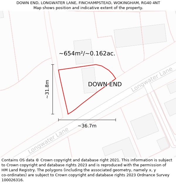 DOWN END, LONGWATER LANE, FINCHAMPSTEAD, WOKINGHAM, RG40 4NT: Plot and title map