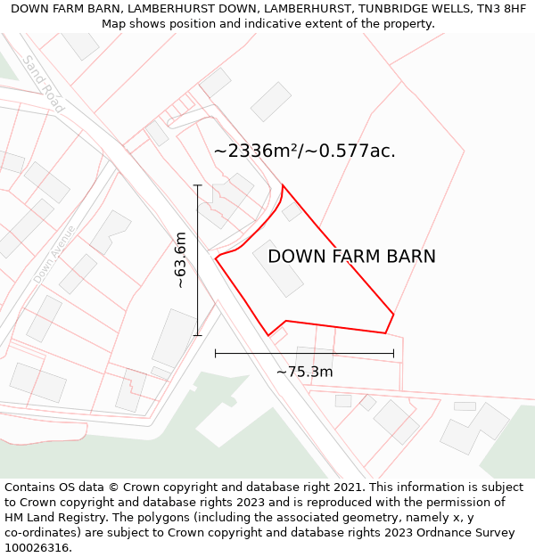 DOWN FARM BARN, LAMBERHURST DOWN, LAMBERHURST, TUNBRIDGE WELLS, TN3 8HF: Plot and title map