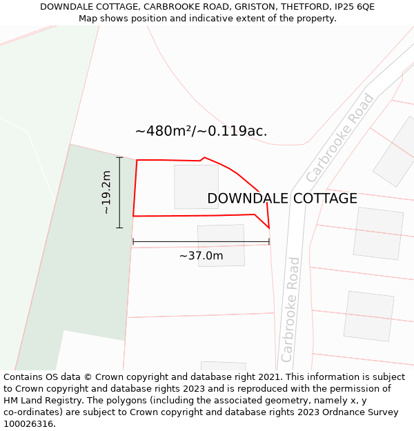 DOWNDALE COTTAGE, CARBROOKE ROAD, GRISTON, THETFORD, IP25 6QE: Plot and title map