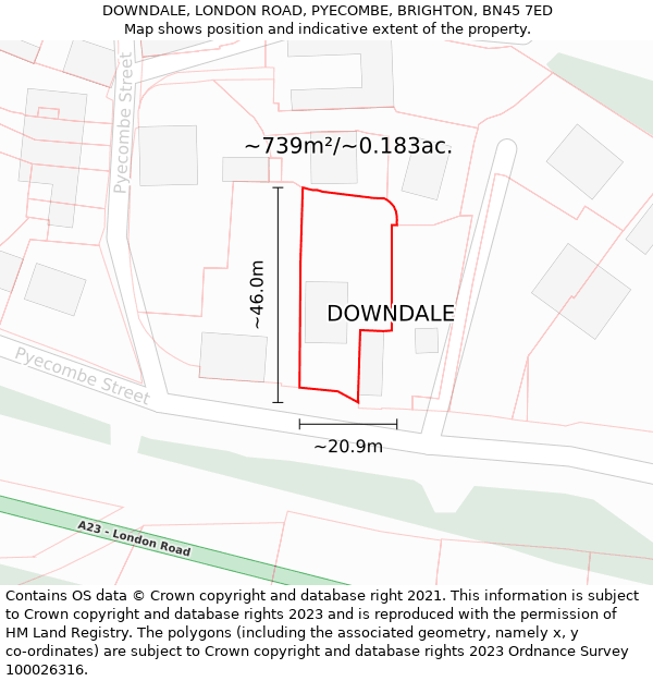 DOWNDALE, LONDON ROAD, PYECOMBE, BRIGHTON, BN45 7ED: Plot and title map