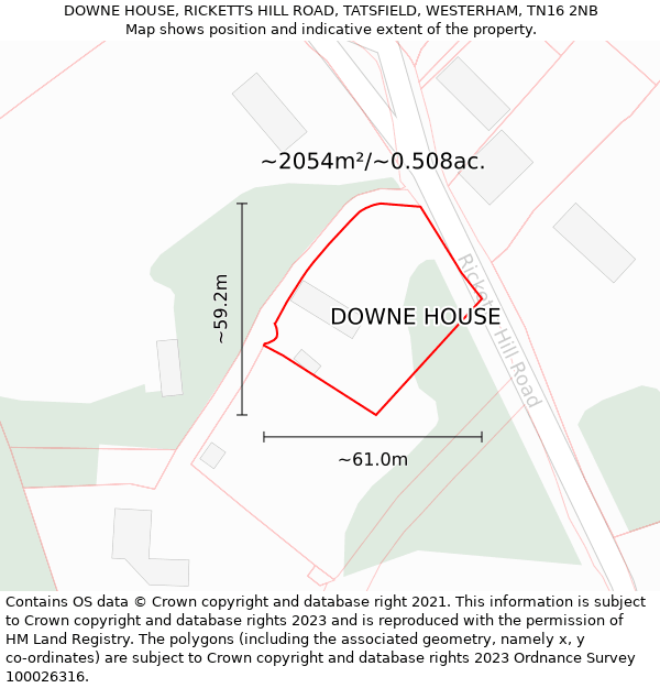 DOWNE HOUSE, RICKETTS HILL ROAD, TATSFIELD, WESTERHAM, TN16 2NB: Plot and title map