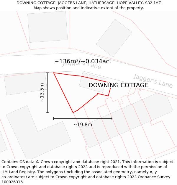 DOWNING COTTAGE, JAGGERS LANE, HATHERSAGE, HOPE VALLEY, S32 1AZ: Plot and title map