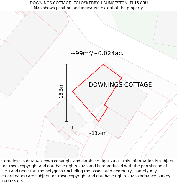 DOWNINGS COTTAGE, EGLOSKERRY, LAUNCESTON, PL15 8RU: Plot and title map
