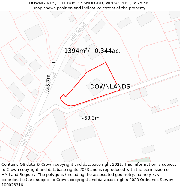 DOWNLANDS, HILL ROAD, SANDFORD, WINSCOMBE, BS25 5RH: Plot and title map