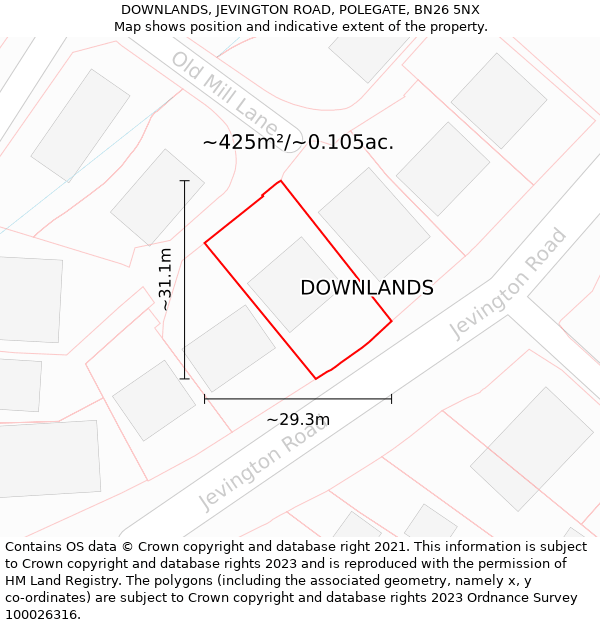DOWNLANDS, JEVINGTON ROAD, POLEGATE, BN26 5NX: Plot and title map