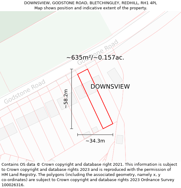 DOWNSVIEW, GODSTONE ROAD, BLETCHINGLEY, REDHILL, RH1 4PL: Plot and title map
