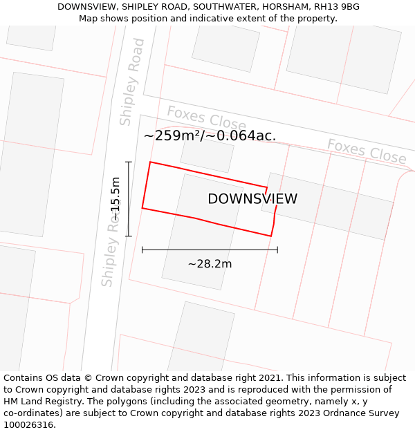 DOWNSVIEW, SHIPLEY ROAD, SOUTHWATER, HORSHAM, RH13 9BG: Plot and title map