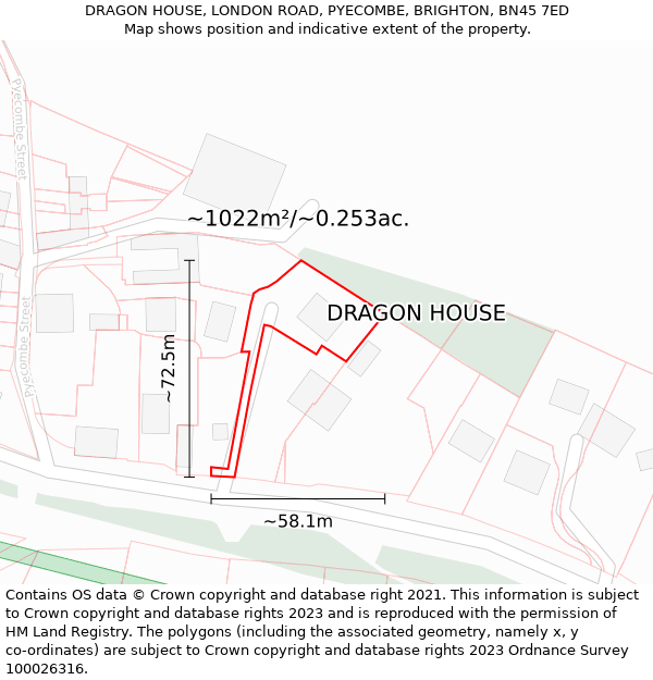 DRAGON HOUSE, LONDON ROAD, PYECOMBE, BRIGHTON, BN45 7ED: Plot and title map