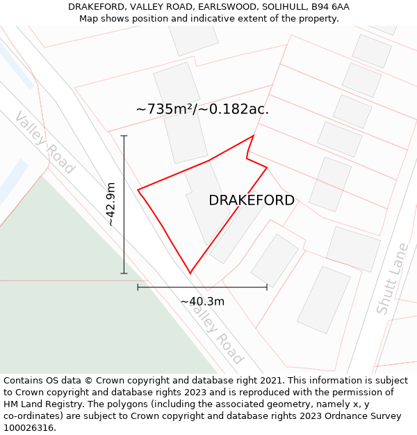 DRAKEFORD, VALLEY ROAD, EARLSWOOD, SOLIHULL, B94 6AA: Plot and title map