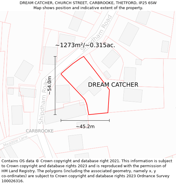DREAM CATCHER, CHURCH STREET, CARBROOKE, THETFORD, IP25 6SW: Plot and title map