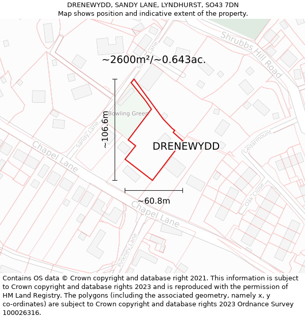 DRENEWYDD, SANDY LANE, LYNDHURST, SO43 7DN: Plot and title map