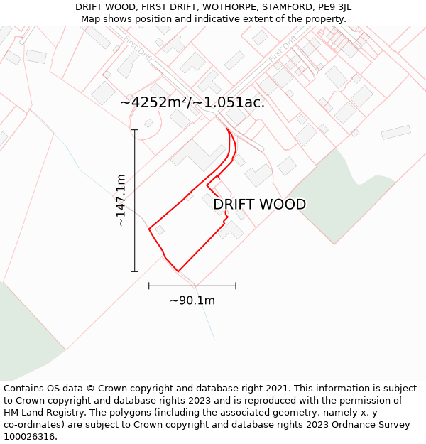 DRIFT WOOD, FIRST DRIFT, WOTHORPE, STAMFORD, PE9 3JL: Plot and title map