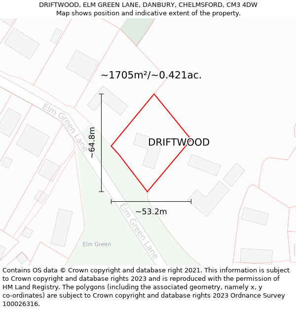 DRIFTWOOD, ELM GREEN LANE, DANBURY, CHELMSFORD, CM3 4DW: Plot and title map