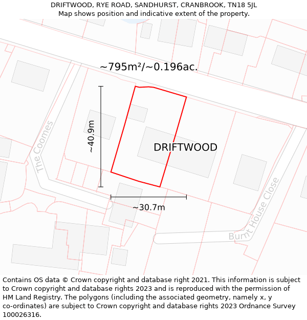 DRIFTWOOD, RYE ROAD, SANDHURST, CRANBROOK, TN18 5JL: Plot and title map