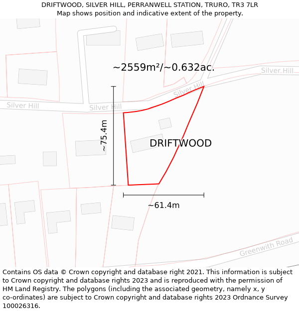 DRIFTWOOD, SILVER HILL, PERRANWELL STATION, TRURO, TR3 7LR: Plot and title map