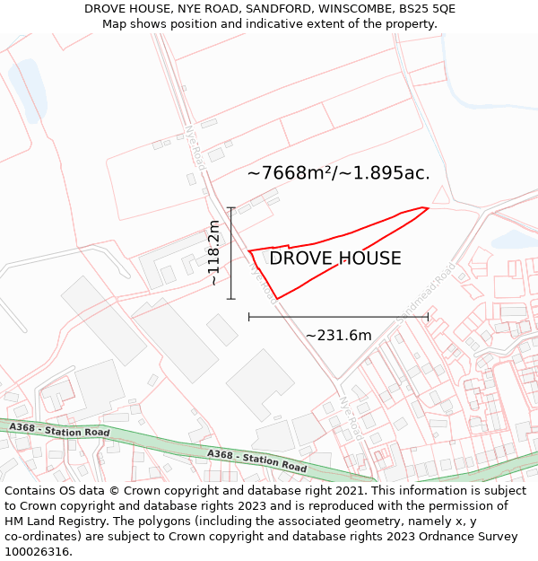 DROVE HOUSE, NYE ROAD, SANDFORD, WINSCOMBE, BS25 5QE: Plot and title map