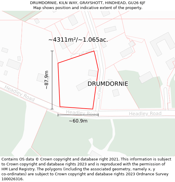 DRUMDORNIE, KILN WAY, GRAYSHOTT, HINDHEAD, GU26 6JF: Plot and title map