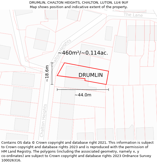 DRUMLIN, CHALTON HEIGHTS, CHALTON, LUTON, LU4 9UF: Plot and title map