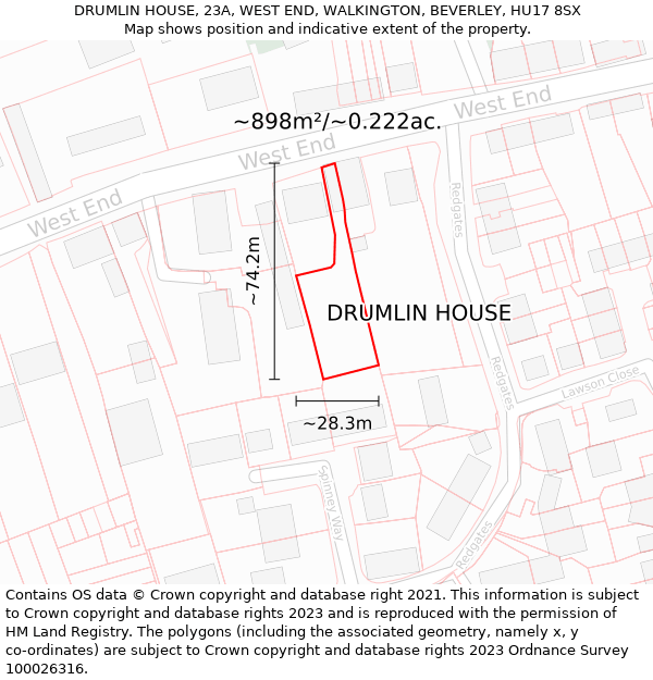 DRUMLIN HOUSE, 23A, WEST END, WALKINGTON, BEVERLEY, HU17 8SX: Plot and title map