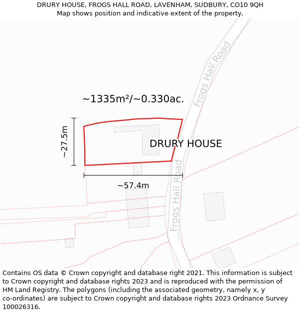 DRURY HOUSE, FROGS HALL ROAD, LAVENHAM, SUDBURY, CO10 9QH: Plot and title map