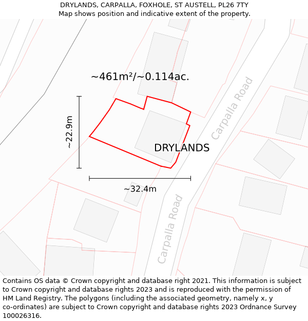 DRYLANDS, CARPALLA, FOXHOLE, ST AUSTELL, PL26 7TY: Plot and title map