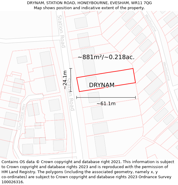 DRYNAM, STATION ROAD, HONEYBOURNE, EVESHAM, WR11 7QG: Plot and title map