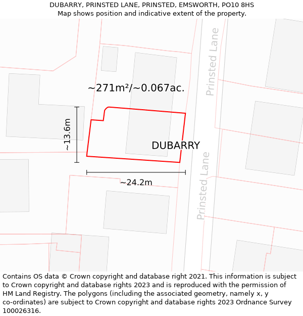 DUBARRY, PRINSTED LANE, PRINSTED, EMSWORTH, PO10 8HS: Plot and title map