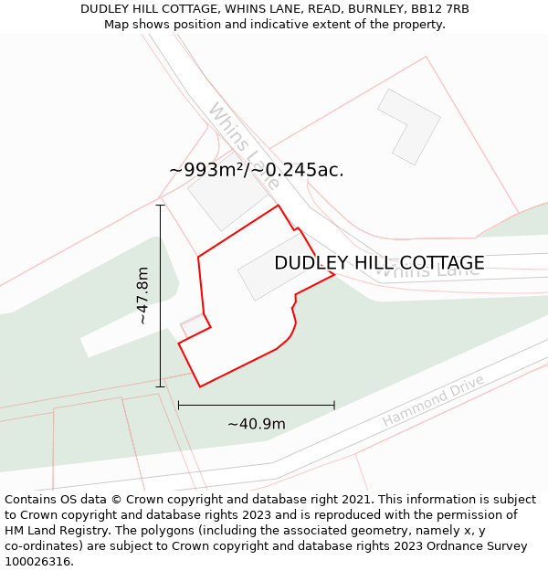 DUDLEY HILL COTTAGE, WHINS LANE, READ, BURNLEY, BB12 7RB: Plot and title map