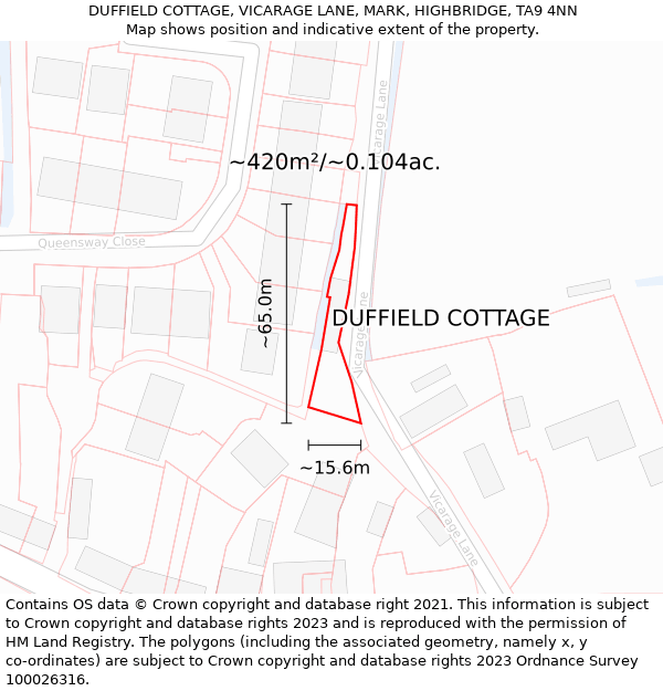 DUFFIELD COTTAGE, VICARAGE LANE, MARK, HIGHBRIDGE, TA9 4NN: Plot and title map