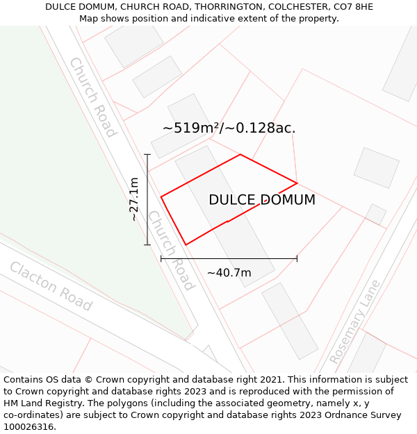 DULCE DOMUM, CHURCH ROAD, THORRINGTON, COLCHESTER, CO7 8HE: Plot and title map