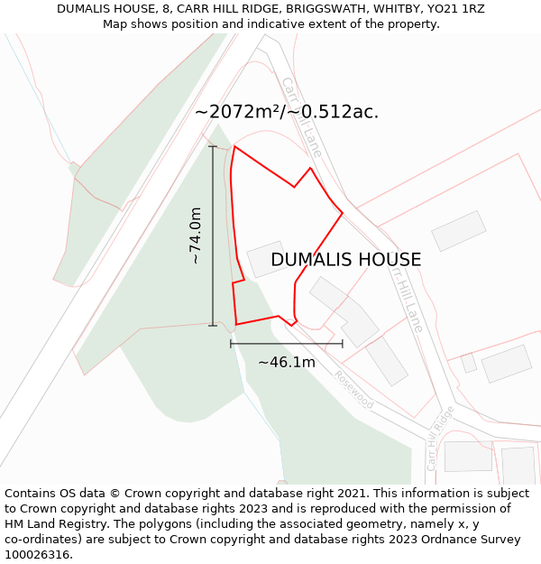 DUMALIS HOUSE, 8, CARR HILL RIDGE, BRIGGSWATH, WHITBY, YO21 1RZ: Plot and title map