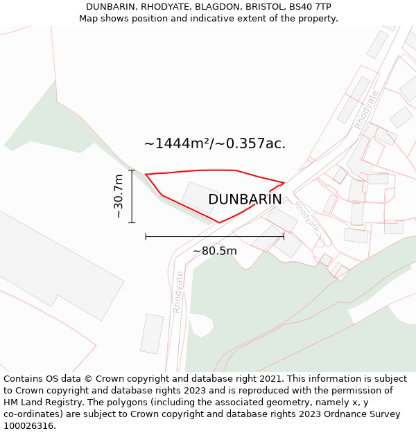 DUNBARIN, RHODYATE, BLAGDON, BRISTOL, BS40 7TP: Plot and title map