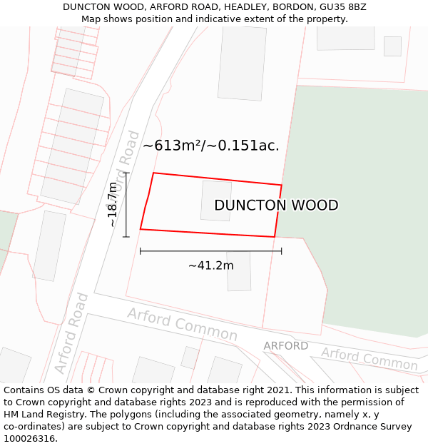 DUNCTON WOOD, ARFORD ROAD, HEADLEY, BORDON, GU35 8BZ: Plot and title map