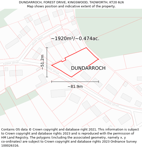 DUNDARROCH, FOREST DRIVE, KINGSWOOD, TADWORTH, KT20 6LN: Plot and title map