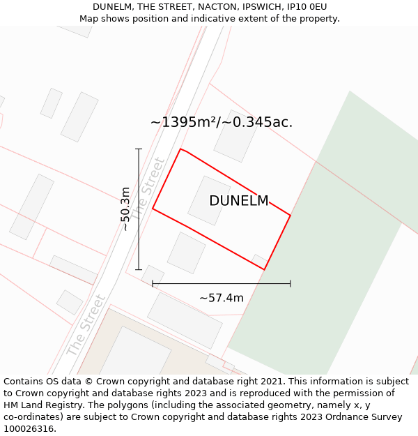 DUNELM, THE STREET, NACTON, IPSWICH, IP10 0EU: Plot and title map