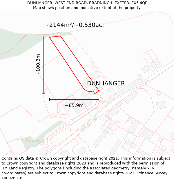 DUNHANGER, WEST END ROAD, BRADNINCH, EXETER, EX5 4QP: Plot and title map