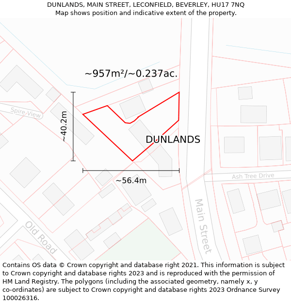 DUNLANDS, MAIN STREET, LECONFIELD, BEVERLEY, HU17 7NQ: Plot and title map