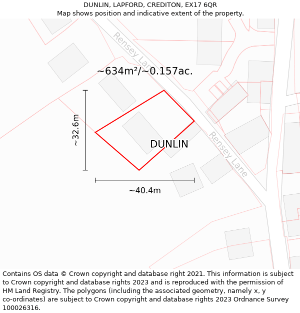 DUNLIN, LAPFORD, CREDITON, EX17 6QR: Plot and title map