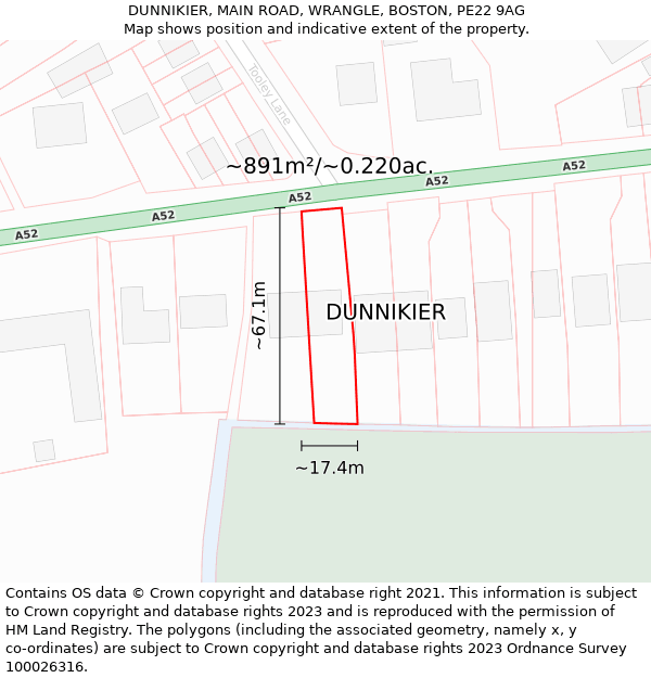 DUNNIKIER, MAIN ROAD, WRANGLE, BOSTON, PE22 9AG: Plot and title map