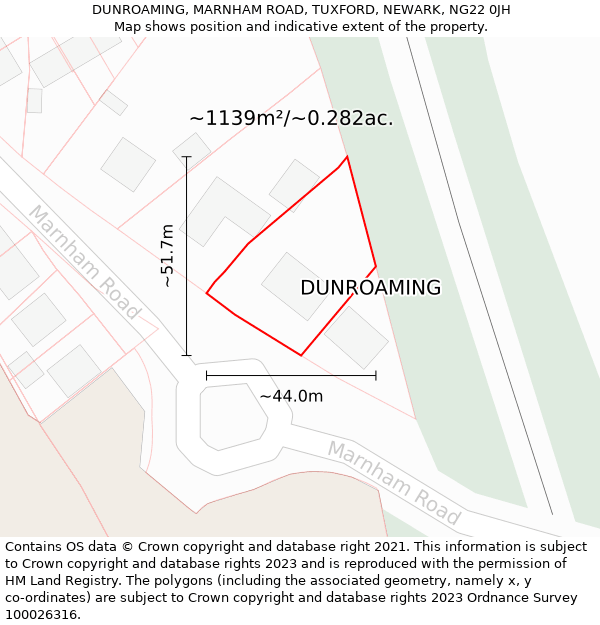 DUNROAMING, MARNHAM ROAD, TUXFORD, NEWARK, NG22 0JH: Plot and title map