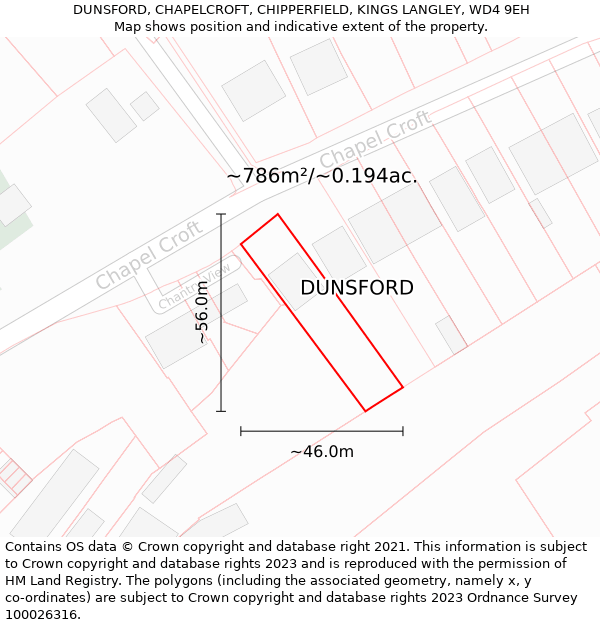 DUNSFORD, CHAPELCROFT, CHIPPERFIELD, KINGS LANGLEY, WD4 9EH: Plot and title map
