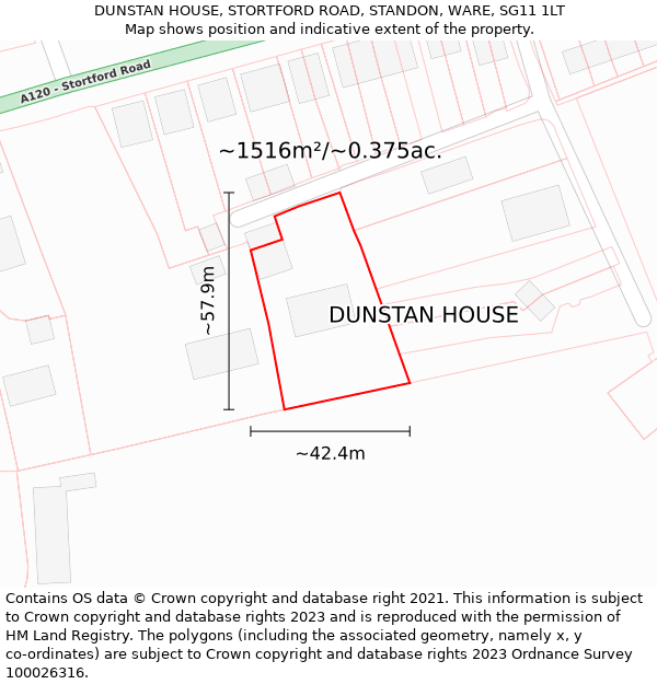 DUNSTAN HOUSE, STORTFORD ROAD, STANDON, WARE, SG11 1LT: Plot and title map