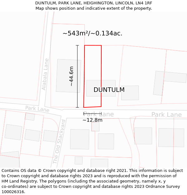 DUNTULM, PARK LANE, HEIGHINGTON, LINCOLN, LN4 1RF: Plot and title map