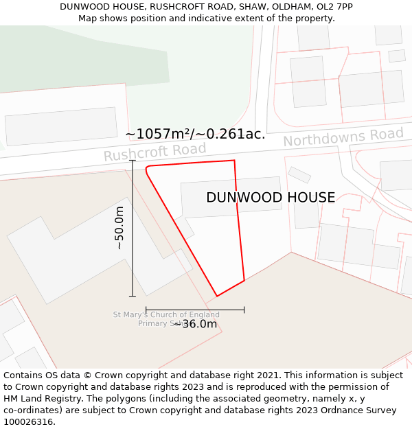 DUNWOOD HOUSE, RUSHCROFT ROAD, SHAW, OLDHAM, OL2 7PP: Plot and title map