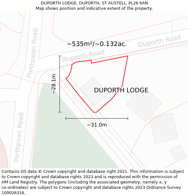 DUPORTH LODGE, DUPORTH, ST AUSTELL, PL26 6AN: Plot and title map