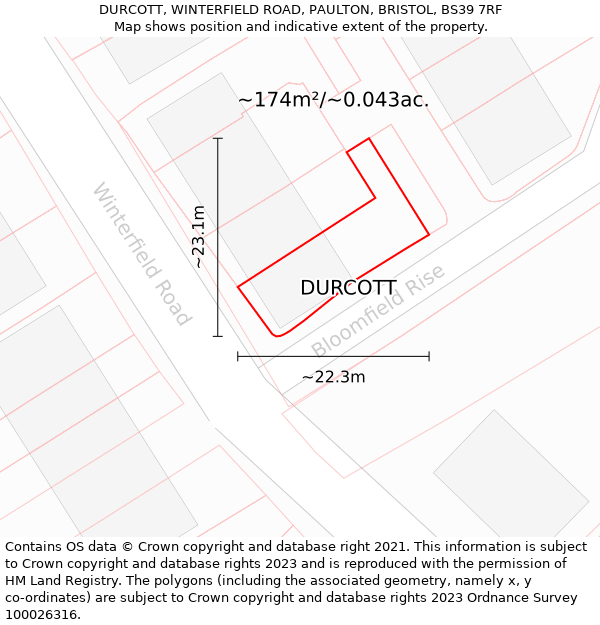 DURCOTT, WINTERFIELD ROAD, PAULTON, BRISTOL, BS39 7RF: Plot and title map