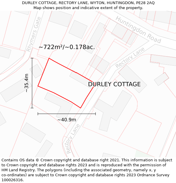 DURLEY COTTAGE, RECTORY LANE, WYTON, HUNTINGDON, PE28 2AQ: Plot and title map